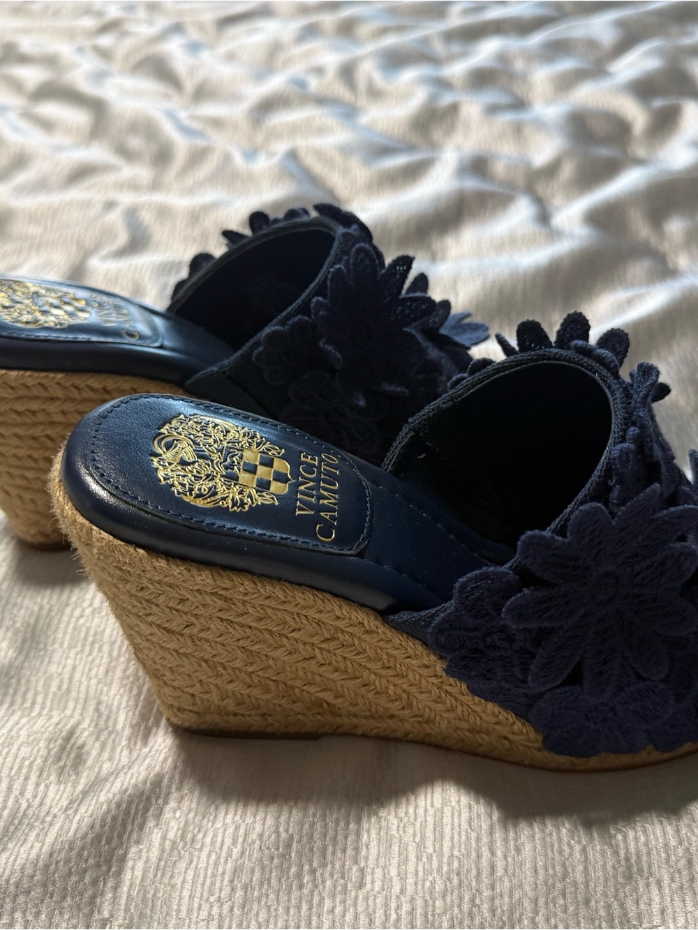 Vince Camuto Navy Floral Appliqué Slide Mules - Picture 2 of 3
